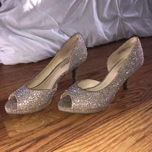 Open toe sequin heels with rhinestones